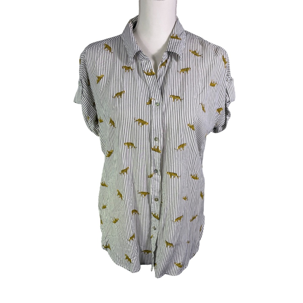Jane and Delancey Striped Cheetah Button Down Top Womens M‎ Tab Sleeve